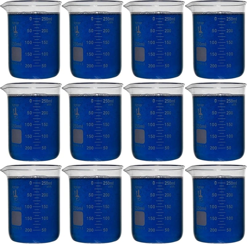 Karter Scientific 250ml Low Form Griffin Beaker - Pack of 12, Borosilicate 3.3 Glass, Double Scale Graduated - Image 1